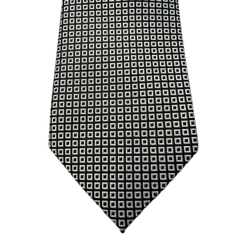 EXPRESS 2.8” Skinny Silk Tie, Black & Silver/Gray Small Geometric Squares Print